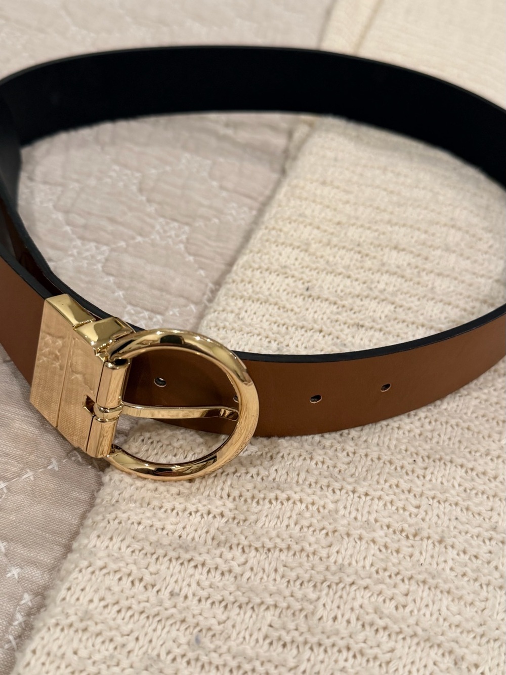 Women’s Tan Faux Leather Belt with Gold Round Buckle